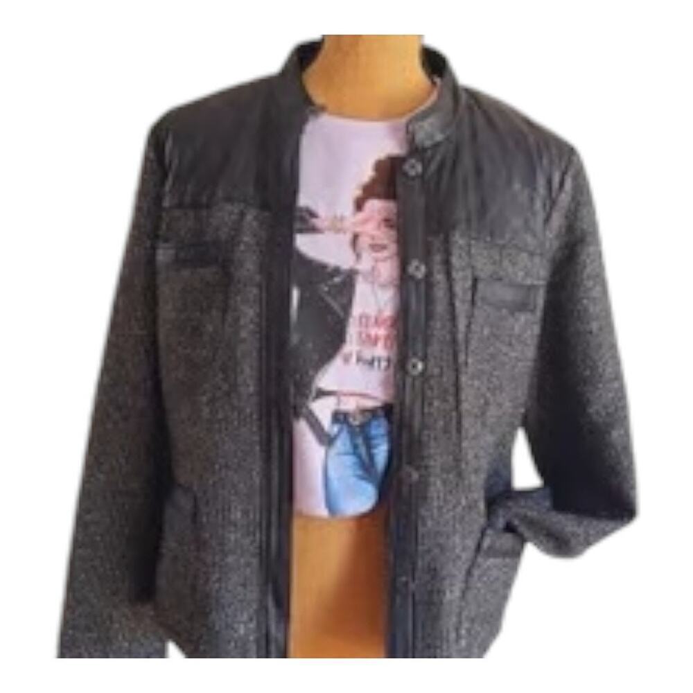 Jaclyn Smith black &white Tweed quilted Leather button up moto jacket size small